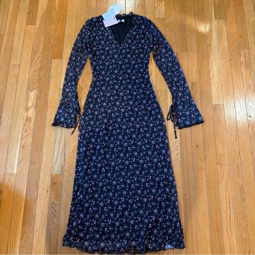 New NWT Lost + Wander Black Pink Floral Long Sleeve Isabella Midi Dress Sz Small